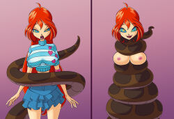 bloom_(winx_club) breasts coils crossover dazed disney femsub happy_trance kaa kaa_eyes large_breasts long_hair nipples open_mouth red_hair snake the_jungle_book topless winx_club zelamir