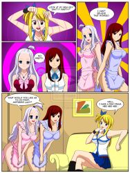apron blonde_hair blush breasts brown_eyes comic empty_eyes erza_scarlet fairy_tail femdom femsub happy_trance jimryu large_breasts long_hair lucy_heartfilia mirajane_strauss multiple_girls naked_apron pendulum red_hair standing standing_at_attention text white_hair