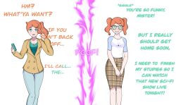 absurdres age_regression before_and_after braces cell_phone cleavage female_only femsub glasses gradient_text green_eyes looking_at_viewer mirimubu nerd nerdification nintendo orange_hair pokemon pokemon_sword_and_shield skirt sonia_(pokemon) text transformation twintails white_background