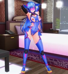 3d alternate_color_scheme armpits arms_above_head bed before_and_after blue_eyes blue_hair boots breasts clothed_exposure crotch_cutout crotch_tattoo custom_maid_3d_2 dfish303 drool erect_nipples female_only femsub gloves hair_ornament high_heels large_breasts leotard looking_at_viewer miniskirt nipple_cutout open_clothes opera_gloves pubic_hair pussy sapphire_lip_(dfish303) smile solo standing tattoo tech_control thigh_boots thighhighs visor
