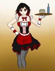  apron bite_mark black_hair black_skirt breasts cleavage collar corruption corset dazed empty_eyes expressionless female_only femsub gloves glowing glowing_eyes maid multicolored_hair open_mouth opera_gloves red_eyes red_hair ribbon ruby_rose rwby short_hair thighhighs tray vampire 
