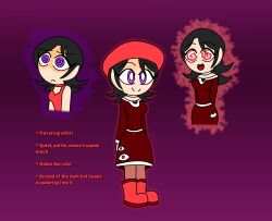 adeleine arms_behind_back aura bare_shoulders black_hair boots character_profile choker cleavage clothed corruption dress femsub gradient_background happy_trance hat hypnoscream kirby_(series) long_hair multiple_methods_of_hypnosis nintendo open_mouth pink_background purple_eyes red_eyes shirt simple_background smile spiral_eyes text thighhighs