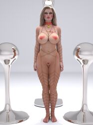  3d altered_perception alternate_costume barcode barefoot blonde_hair blush breasts cleavage collar collarbone creativeguy59 denise_(creativeguy59) erect_nipples expressionless female_only femsub heart huge_breasts long_hair milf original piercing pussy red_eyes red_lipstick solo tattoo thick_thighs 