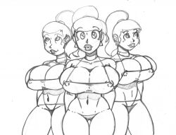  bimbofication crazycowproductions female_only huge_breasts large_breasts monochrome multiple_girls ponytail sketch 