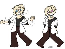 before_and_after blonde_hair blue_eyes dazed doctor drool glasses glowing_eyes happy_trance injection lab_coat mercy needleman overwatch pink_eyes resisting restrained sequence syringe wet white_background
