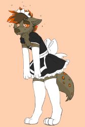 apron blush crisstail crossdressing furry gloves happy_trance hyena_boy maid maid_headdress male_only malesub multicolored_hair opera_gloves simple_background smile solo spiral_eyes thighhighs