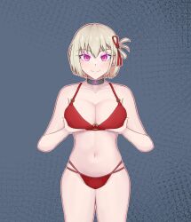  bikini blonde_hair breasts cleavage collar female_only femsub glowing_eyes happy_trance holding_breasts hypnotic_accessory large_breasts looking_at_viewer lycoris_recoil midriff nishikigi_chisato purple_eyes short_hair smile solo standing swimsuit tech_control zires 
