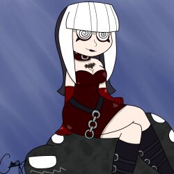 boots breasts cleavage collar crimson_(total_drama) crossed_legs female_only femsub gloves goth knee-high_boots large_breasts long_hair opera_gloves pale_skin shyker simple_background sitting smile solo spiral_eyes symbol_in_eyes tattoo total_drama white_hair