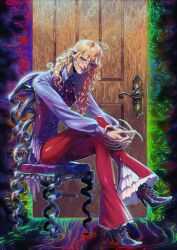  ahoge ambiguous_pov androgynous_sub ascot aura blackberreh blonde_hair chair claws clothed curly_hair distortion_(the_magnus_archives) earrings elf_ears glowing high_heels hypnotic_eyes looking_at_viewer male_only maledom michael_shelley monster_boy possession pov pov_sub sharp_teeth sitting smile solo spiral_eyes the_magnus_archives very_long_hair 