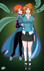 absurdres alerith aura ben_10 breasts cape cartoon_network clothed dagon_(ben_10) dual_persona female_only femsub floating future_gwen_tennyson green_background green_eyes gwen_tennyson happy_trance hypnotized_hypnotist large_breasts long_hair lucubra open_mouth orange_hair ponytail possession self_hypnosis shoes skirt smile tight_clothing