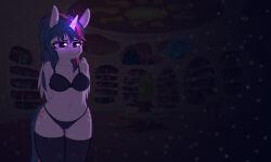 arms_behind_back bra breasts duop-qoub femdom furry glowing glowing_eyes horns horse_girl hypnotic_eyes large_breasts long_hair looking_at_viewer magic manip multicolored_hair my_little_pony pov pov_sub purple_skin smile suppas_(manipper) tail twilight_sparkle underwear