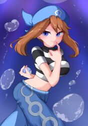 alternate_costume breasts brown_hair chabo_crown clothed corruption enemy_conversion femsub may midriff nintendo pants pokeball pokemon pokemon_ruby_sapphire_and_emerald purple_eyes solo tagme team_aqua