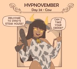 animal_ears collar cow_girl cowbell english_text eyebrows_visible_through_hair glowing_eyes happy_trance headband horns hypnovember leotard long_hair looking_at_viewer mary_mavys_(pstash) open_mouth opera_gloves pstash smile speech_bubble tech_control text thighs