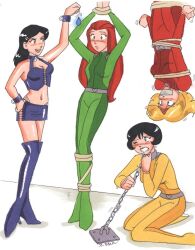 alex black_hair blonde_hair bodysuit boots chains clover dazed female_only femdom femsub high_heels knee-high_boots long_hair mandy_(totally_spies) pendulum red_hair rope sam suechan totally_spies traditional
