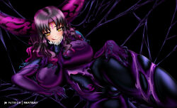 absurdres breasts cleavage corruption crossover erect_nipples evil_smile fate/grand_order fate_(series) female_only femsub horns kiara_sessyoin large_breasts licking_lips living_costume looking_at_viewer marvel_comics nipples parasite possession rikatsuky slit_pupils smile symbiote tongue yellow_eyes