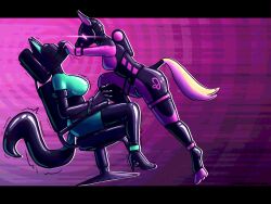 bodysuit cat_girl chair character_request corset female_only femdom femsub forbiddenflrsh furry horse_girl hypnotized_hypnotist large_breasts latex pink_background spiral_background tagme thigh_heels 