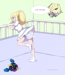 age_regression bed blonde_hair camera diaper dress femdom femsub lillie_(pokemon) lusamine merunyaa mother_and_daughter nebby nintendo pacifier pokemon pokemon_sun_and_moon ponytail scat text