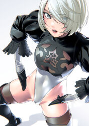  cleavage covered_navel haigure haigure_pose large_ass large_breasts leotard nier:_automata romnohito thick_thighs thigh_boots wide_hips yorha_2b 