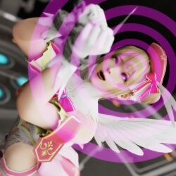  3d bare_shoulders blue_eyes bow chains corruption cosplay crossed_eyes dead_or_alive empty_eyes esccc face_paint female_only femsub gloves hair_buns handcuffs happy_trance hat marie_rose open_mouth skirt solo spiral_eyes tongue tongue_out wings wufan870203 