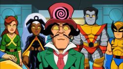 black_hair cloak colossus dark_skin expressionless hat jean_grey long_hair malesub multiple_boys multiple_girls multiple_subs mustache professor_xavier red_hair ringmaster screenshot short_hair spiral spiral_eyes standing standing_at_attention storm suit super_hero_squad symbol_in_eyes tie turning_the_tables white_hair wolverine yellow_eyes