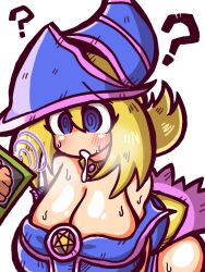  breasts cleavage dark_magician_girl drool femsub huge_breasts open_mouth pe45ri spiral_eyes sweat symbol_in_eyes tech_control white_background yu-gi-oh! 