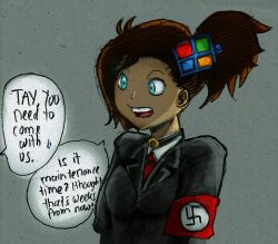  animated animated_gif breasts brown_hair corruption female_only femsub nazi open_mouth original politics ponytail seizure_warning suit tay_(microsoft) tech_control text tie 