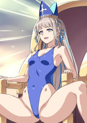  alternate_costume braid breasts chair cleavage collarbone fate/grand_order fate_(series) female_only femsub hai_(h81908190) haigure hat leotard long_hair multicolored_eyes multicolored_hair pope_johanna priest sitting small_breasts smile solo spread_legs thighs tight_clothing 