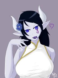 black_hair body_markings breasts corruption demon_girl drool elf_ears female_only glowing glowing_eyes horns large_breasts long_hair mei_(starlight_studios) mephaustis monster_girl open_mouth pale_skin purple_eyes slit_pupils starlight_studios tongue tongue_out