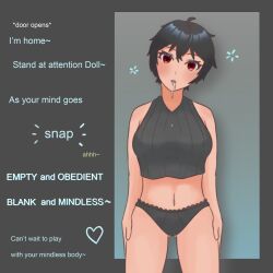  black_hair breasts drool empty_eyes everes_(zires) expressionless female_only femdom femsub open_mouth original panties posing red_eyes short_hair solo tank_top text tomboy trigger zires 