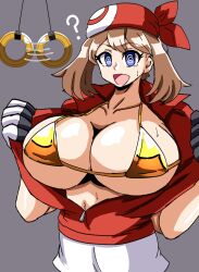  bandana bikini blue_eyes breasts brown_hair coin confused doronzorro eyebrows_visible_through_hair femsub golden_swimsuit grey_background huge_breasts may_(pokemon) midriff navel nintendo open_mouth pendulum pokemon pokemon_ruby_sapphire_and_emerald shirt shirt_lift simple_background skirt smile spiral_eyes sweat 