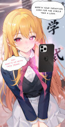  blonde_hair cell_phone dialogue long_hair machi oshi_no_ko ruby_hoshino school_uniform text unusual_pupils 