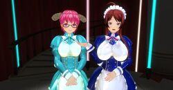  3d ahoge before_and_after blue_eyes breasts brown_hair custom_maid_3d_2 glasses hidoi_koto_suru_man horns large_breasts looking_at_viewer maid maid_headdress open_mouth pink_eyes pink_hair ponytail rubber short_hair standing 