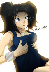 black_hair breasts cleavage crossed_eyes darkhatboy dazed drool empty_eyes erect_nipples felliciah_(da-entranced) female_only femsub glowing large_breasts open_mouth original short_hair solo tank_top text twintails white_background