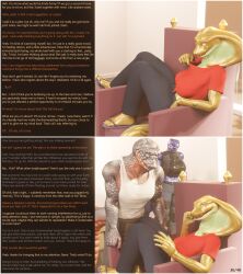  3d alien baxie_(thalarynth) becca_(thalarynth) caption chair crocodile_girl dialogue femdom furry ian_(thalarynth) identity_swap malesub multiple_doms original possession pov pov_dom scalie shirt_pull sitting snake_boy snake_girl sue_(thalarynth) text thalarynth_(manipper) 
