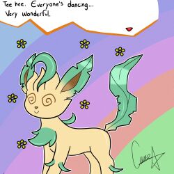  absurdres animals_only femsub happy_trance leafeon nintendo pokemon pokemon_(creature) shyker simple_background smile solo spiral_eyes symbol_in_eyes text 