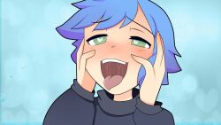  ahegao blue_background blue_hair green_eyes happy_trance heart_eyes open_mouth 