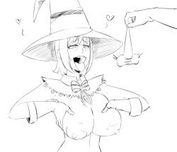 ahegao artist_request breasts character_request femsub gloves greyscale hat holding_breasts large_breasts maledom monochrome pendulum tagme tongue tongue_out topless witch_hat
