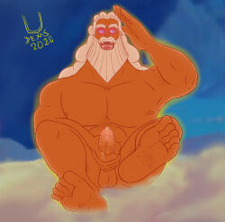 bare_legs barefoot beard bottomless disney drool feet hercules_(movie) long_hair looking_at_viewer male_only malesub masturbation nude open_mouth penis precum saluting sitting solo spiral_eyes symbol_in_eyes topless uchihadems white_hair zeus_(hercules)