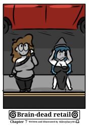  blue_hair brain_dead_retail_(series) brain_drain chloe_(kilroylucy18) comic hat humor kilroylucy18 naked_apron nessi_(kilroylucy18) original tagme text 