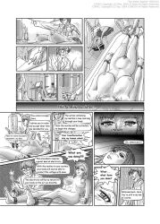 bondage bottomless breasts comic coneita dr.robo electricity femsub glasses greyscale large_breasts mad_scientist maledom monochrome nude operating_table original pubic_hair short_hair sleeping sweat tears tech_control text topless