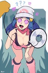  absurdres bent_over blue_hair border breasts cleavage confused dawn drool eyebrows_visible_through_hair femsub hat heart_eyes hypno kooprite large_breasts long_hair nintendo pendulum pokemon pokemon_(creature) ring_eyes signature spiral thigh_gap 
