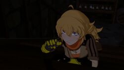  3d animated animated_gif before_and_after blonde_hair breasts cleavage dazed empty_eyes female_only femsub large_breasts open_mouth prosthetic_limb purple_eyes rwby screencast solo spoilers tagme unhappy_trance yang_xiao_long 