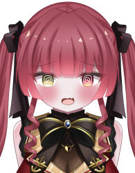 fangs female_only femsub heterochromia hololive looking_at_viewer marine_houshou non_non427 red_eyes red_hair simple_background solo spiral_eyes symbol_in_eyes twintails white_background yellow_eyes