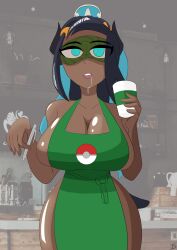 absurdres apron black_hair blue_hair bottomless breasts dark_skin drool empty_eyes female_only femsub forced_employee hypnotic_accessory large_breasts meme naked_apron nessa_(pokemon) nintendo pokemon pokemon_sword_and_shield standing tech_control the_us_doctor topless visor