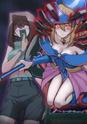  blonde_hair brain_control_(yu-gi-oh!) brown_hair cleavage dark_magician_girl empty_eyes female_only femsub multiple_girls pink_eyes red_eyes short_hair tea_gardner utsuro_butai yu-gi-oh! 