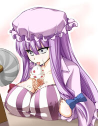  breasts erect_nipples femsub food hat hypnosisisgreat_(manipper) hypnotic_spiral ice_cream large_breasts long_hair manip patchouli_knowledge purple_hair sexually_suggestive simulated_fellatio simulated_paizuri spiral spiral_eyes symbol_in_eyes tongue tongue_out touhou try undressing 