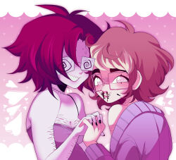 brown_hair choker cleavage dreamalgia femboy femsub glasses happy_trance holding_hands malesub mustache original piercing red_hair scars shirt spiral_eyes sweat sweater