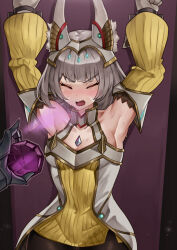 arm_warmers armpits arms_above_head bare_shoulders blush cape cat_ears cat_girl closed_eyes clothed collarbone corruption dress_shirt eyebrows_visible_through_hair facial_markings femsub handcuffs headdress jewelry looking_at_viewer nia_(xenoblade) nintendo perfume restrained silver_hair skirt small_breasts standing sweat tagme thighhighs xenoblade_chronicles xenoblade_chronicles_2 xenoblade_chronicles_3 yotsuhauni