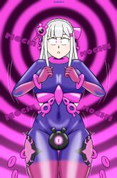  chicken_pose collar elf elf_ears emilia_(re:zero) femsub futasub hair_ornament latex long_hair mochi_dance nintendo null_bulge pecharunt pokemon re:zero_starting_life_in_another_world shrunken_irises spiral_background usakiki white_hair 