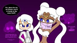 aged_up arms_above_head assertive_sub aware bare_shoulders blue_eyes cape chibi choker cleavage collarbone consensual dancer dancing dark_skin dialogue drool empty_eyes english_text eyebrows_visible_through_hair femdom femsub hand_on_hip happy_trance harem_outfit hypnoscream hypnotized_dom hypnotized_hypnotist love maledom malesub midriff navel prince prince_demande purple_background royalty sailor_moon sailor_moon_(series) shiny_skin simple_background smile speech_bubble text third_eye twintails veil white_hair